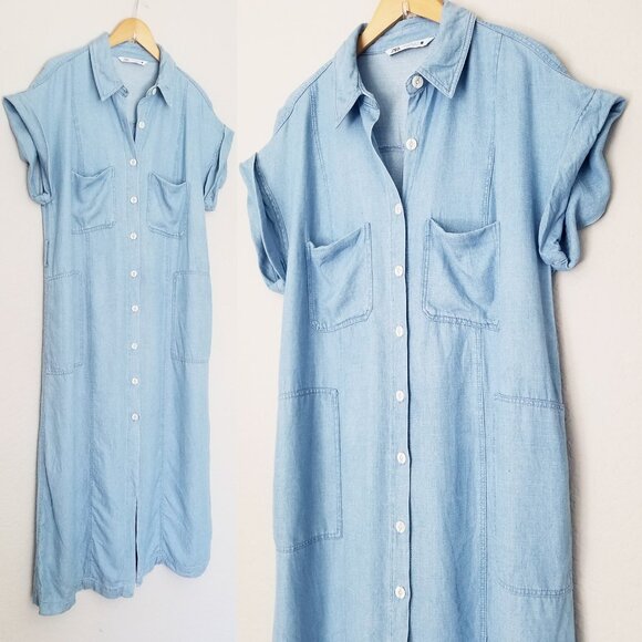 Zara Linen Blend Button Down Blue Chambray Midi Shirt Dress XL Soft Light Denim - Picture 3 of 16